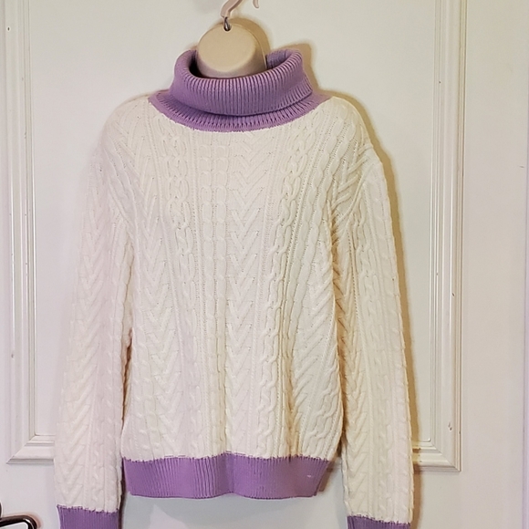 Tularosa Chunky Cream & Lavender Cable Knit Turtleneck Sweater, Size X-Large - Picture 5 of 15